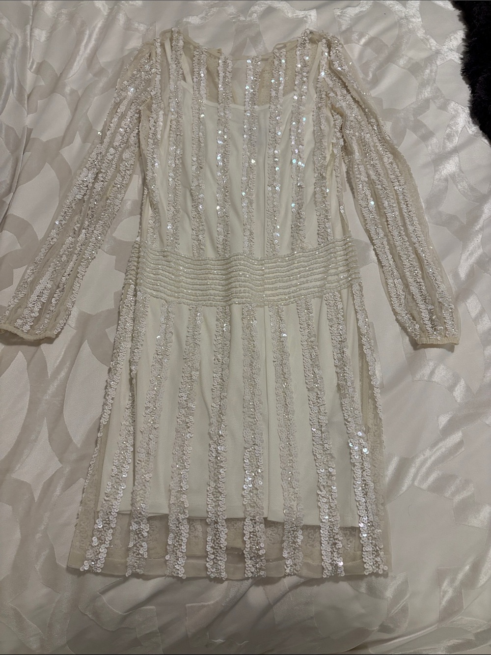 Aidan Mattox Cream Sequin Long-Sleeve Cocktail Dress